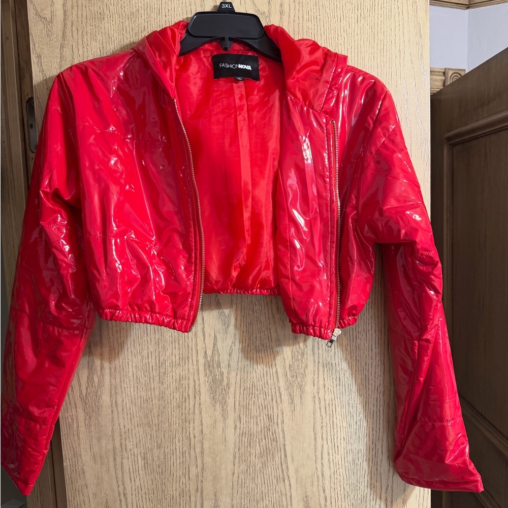 Fashion Nova Shiny Red Cropped Hooded Bomber Jacket